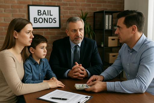 Family discussing bail bond services with an agent in an office setting.