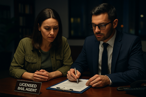 Licensed bail agent and client reviewing a bail form late at night in a private office.